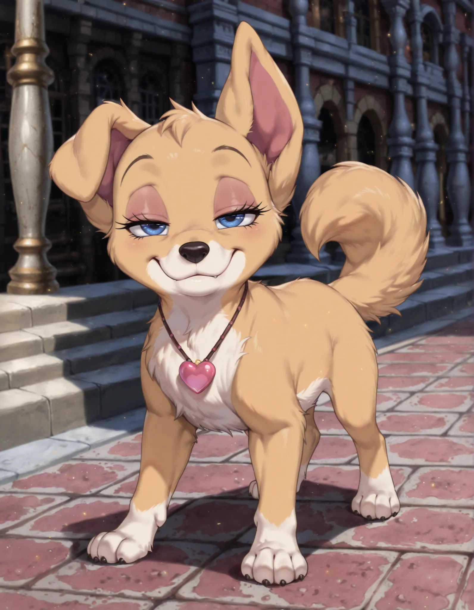 angellat, dog, yellow fur, body fur, blue eyes, Disney, score_9, score_8, score_7, no humans, (((full body))), standing, solo, three-quarter view, female, feral, hight definition, pink heart necklace, hyper detailed, best quality, amazing quality, 1girl, c...