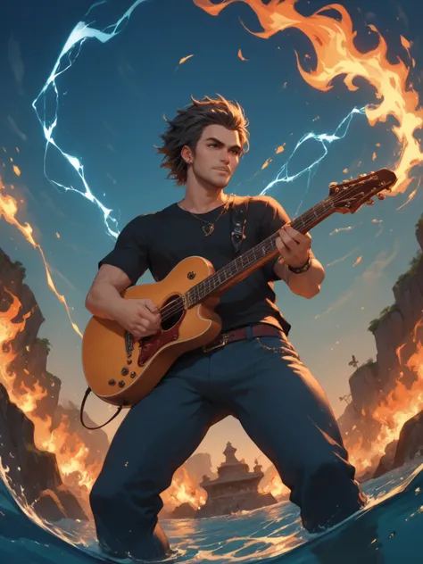 a Final Fantasy style guitar, surrounded by musical notes of different elements such as electricity, fire, air, water and earth, on the left a text written in video game font that says "Enjoy Life", the background of the image is black.