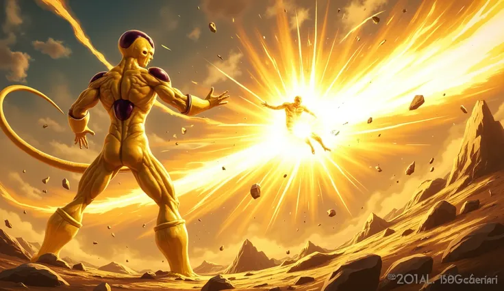 Golden Frieza with back turned, blasting Zarakar with golden energy beam, chaotic battle around him
