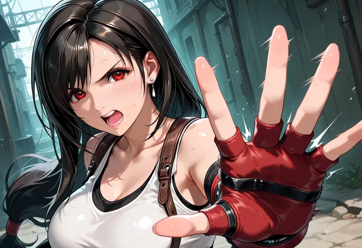Tifa,1girl,angry,slapping Viewer, looking at viewer, slapping, open hand, motion lines