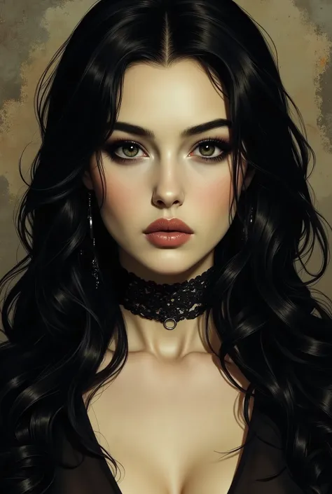A hyper-detailed digital painting, front-facing portrait of a gothic woman inspired by Dana Dentata's appearance in the 'God Is a Weapon' music video. She stares directly at the viewer with a cold, intense gaze — dark, heavily lined almond eyes A frontal p...