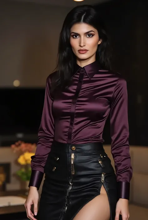 smiling business woman with a sexy shiny purple satin button down shirt, 162 centimeters tall, olive skin, light subtle makeup, high split leather mini skirt, office setting at night