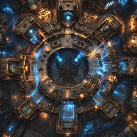 Top-down, fully overhead view, ultra-realistic, high-fantasy steampunk Aetherworks Bastion battlemap in the style of a World of Warcraft masterpiece city. This is the northern gear of a sprawling floating metropolis, densely packed with dozens of interconn...