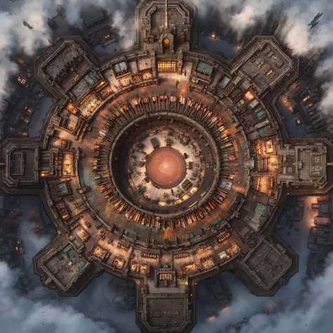 Top-down, fully overhead view, ultra-realistic, high-fantasy steampunk Steamheart Plaza & Sky Market battlemap, inspired by the grand cityscapes of World of Warcraft. This is the central and largest gear of the floating city, overflowing with hundreds of t...