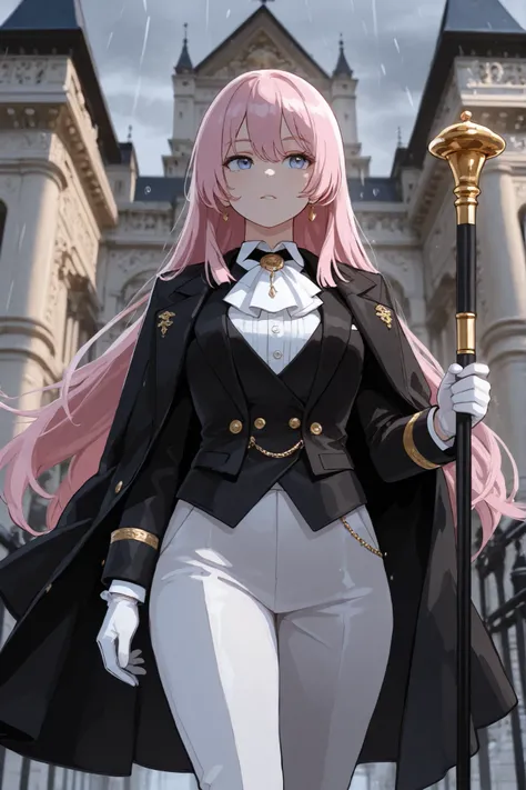 one girl,Mygo, chihaya_anon, pink hair,long hair,masterpiece, best quality, Amazing quality , Very aesthetic, high resolution, super details, soft,  color, absurd, Latest Stunning, Half Body, Fine face , Beautiful Face,  Wearing a black tuxedo with ivory w...