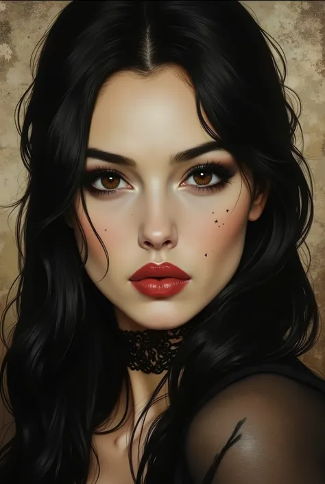 A hyper-detailed digital painting, front-facing portrait of a gothic woman inspired by Dana Dentata's appearance in the 'God Is a Weapon' music video. She stares directly at the viewer with a cold, intense gaze — dark, heavily lined almond eyes A frontal p...