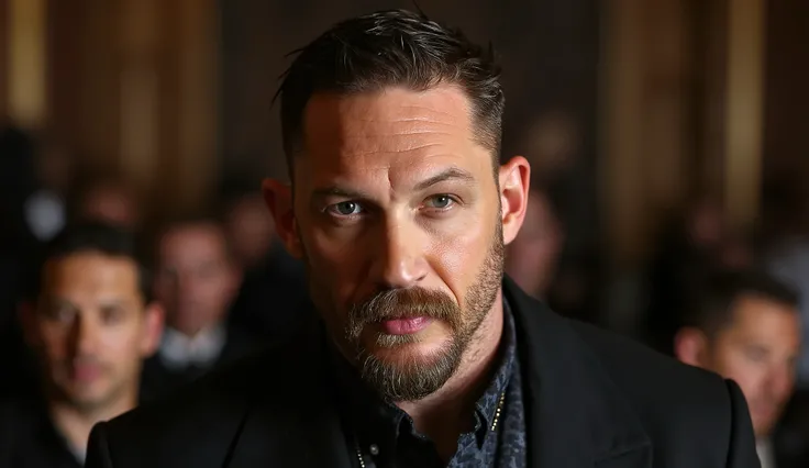 ultrarealismo . Maximum quality and detail. Picture of actor Tom Hardy, who is on the evening show, He has a serious expression on his face.