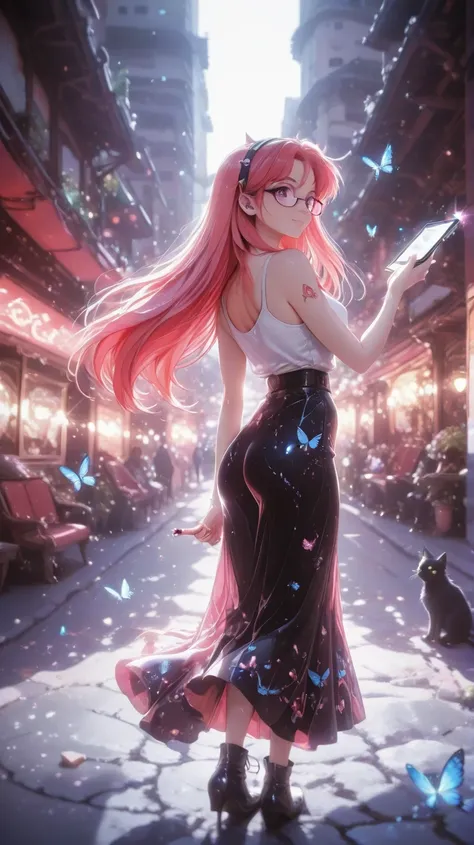  A beautiful woman, (nice curves), with long red hair with pink tips and bright purple eyes, (eyes rich in detail), (eyes detailed) lowing pink and orange ombre hair, wearing a black cat-ear headset, on his face, glasses with a gold frame and fruit-colored lenses, wearing a white tank top and a long skirt at belly level, the skirt is open on one leg in a v shape and shows a tattoo on her leg with several small butterflies, a black boot with a small heel. Standing on top of a very tall building with many buildings in the background, the sun is setting, natural lighting, beams of light. Character with her back turned looking at the viewer with a tablet in her hand and a pen pointing at it, its screen glows blue. The woman smiles. The art style is detailed and colorful , with soft dynamic lighting and slightly 3D anime shading , in high resolution 