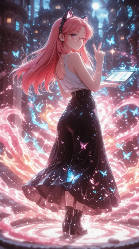 A beautiful woman, (nice curves), with long red hair with pink tips and bright purple eyes, (eyes rich in detail), (eyes detailed) lowing pink and orange ombre hair, wearing a black cat-ear headset, on his face, glasses with a gold frame and fruit-colored...