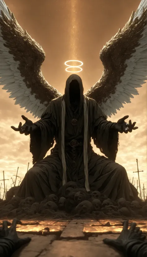 depth of field, high definition image, a lot of details,Divine Fobor,open arms,Alo de Luz,ring of golden light,angels coming down from the sky with white wings in relaxed posture,black hands coming out of the ground,muchas black hands coming out of the gro...