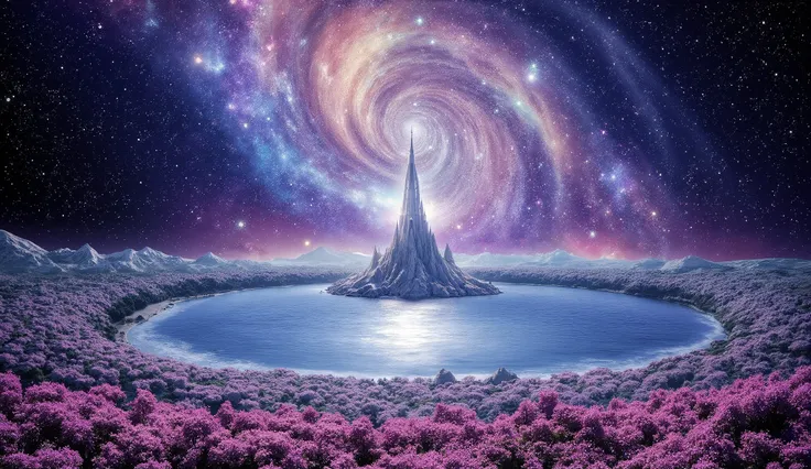 there is an image of a beautiful landscape with a giant spiral galaxy, impressive fantasy 3D rendering, a heavenly city in the heavens, a large ocean, a large forest of cherry blossoms, a lot of clouds everywhere, a spiral galaxy in the sky and stars, a ve...