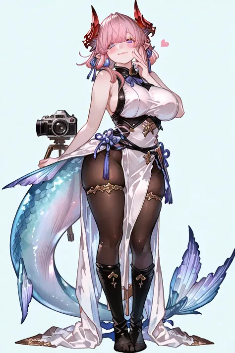   8k wallpaper、    top quality 、masterpiece、   748cm スThailandル   、    woman 1 person 、ribbon 、  pantyhose、 black knee socks 、 strap 、 Thailand、 skirt、  pantyhose、、 pink hair with blue lines、pink albino eyelashes   、   long hair、  Underbob  、blue eyes、  Pretty pink Eyes、  wide hips、Protruding thighs   、    very big breasts 、  Light blue background 、fullbody, head to toe,   simple background、smile、   high detail, standing up, making a cute photo pose with her hands, pointy ears, blush on her cheeks, cute Chichiri dress with alot of detail, red horn, ,facing at the camera, fullbody, head to toe, showing feet, granblue fantasy Chichiri, pelvic curtain dress, sidboob dress, back mermaid tail dress, detailed design