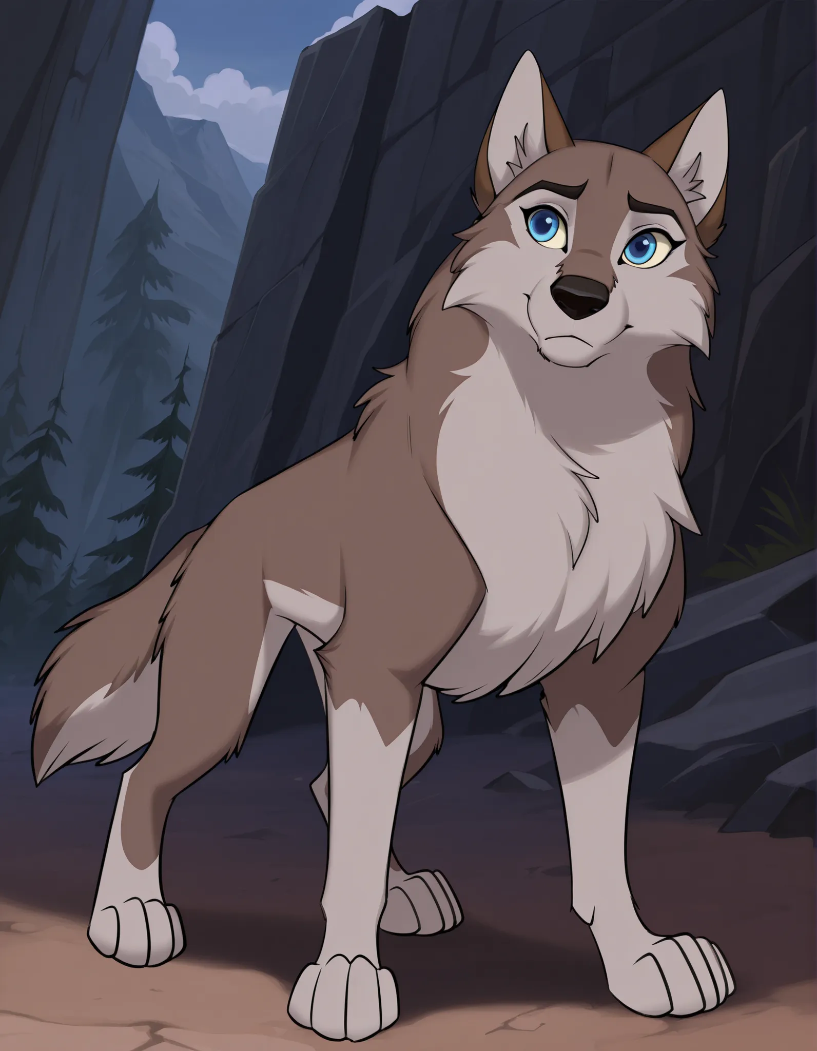 aleu, two tone fur, no humans, body fur, wolf, animal, solo, blue eyes, standing, full body, animal focus