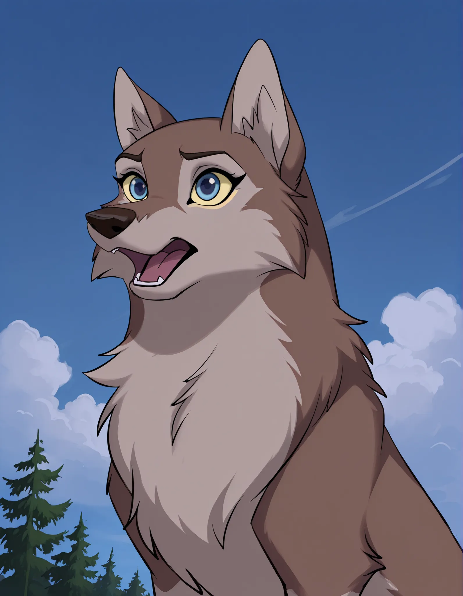 aleu, open mouth, blue eyes, outdoors, sky, day, blue sky, no humans, colored sclera, dog, animal focus, animalization, 1girl, wolf, animal, body fur, two tone fur, yellow sclera