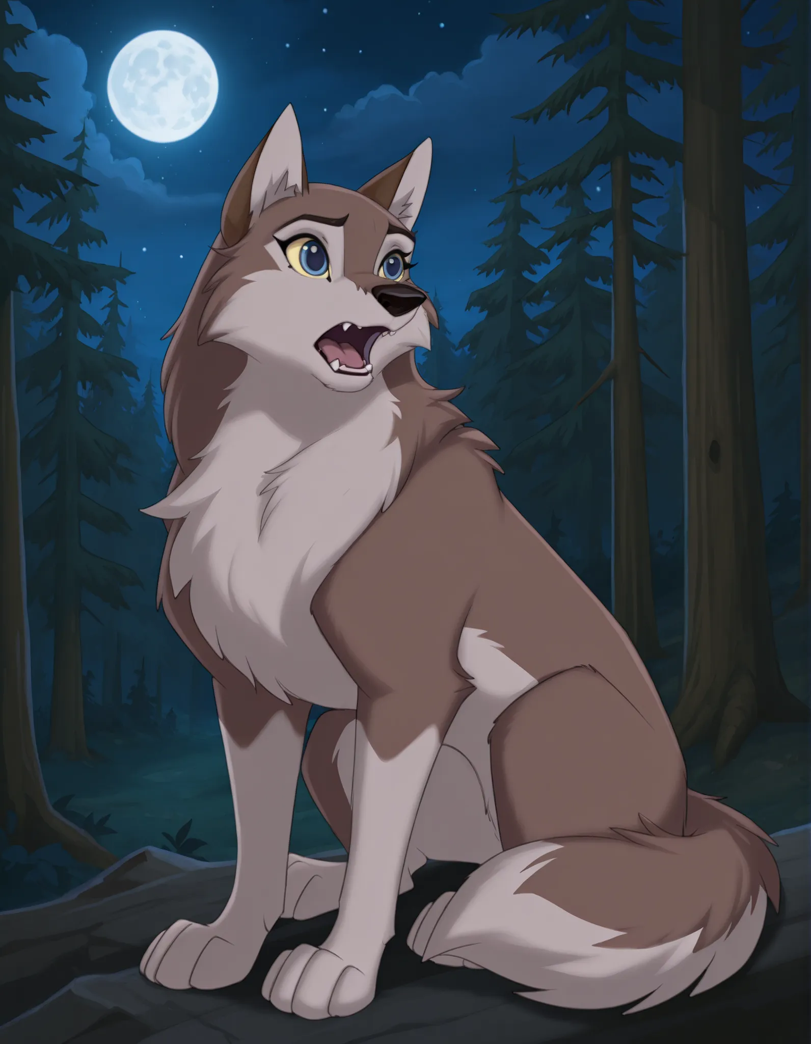 solo, aleu, blue eyes, solo, open mouth, full body, outdoors, no humans, night, fangs, dog, animal focus, white fur, 1girl, wolf, animal, body fur, two tone fur, yellow sclera, sitting, trees, moon, forest,