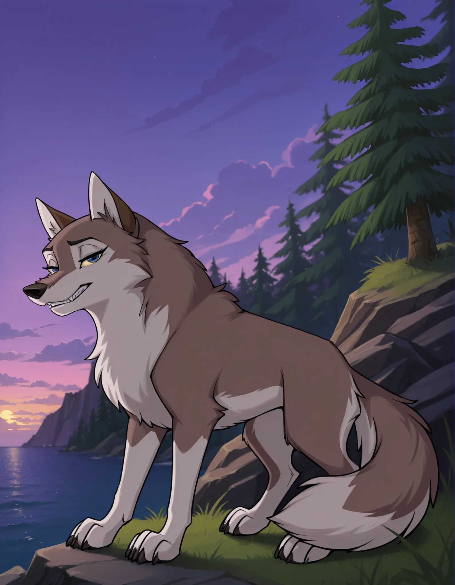 aleu, simple background, white background, standing, full body, closed eyes, no humans, dog, animal focus, 1girl, wolf, animal, body fur, two tone fur, solo, open mouth, blue eyes, animalization, yellow sclera, grass, looking at viewer, closed mouth, furry...