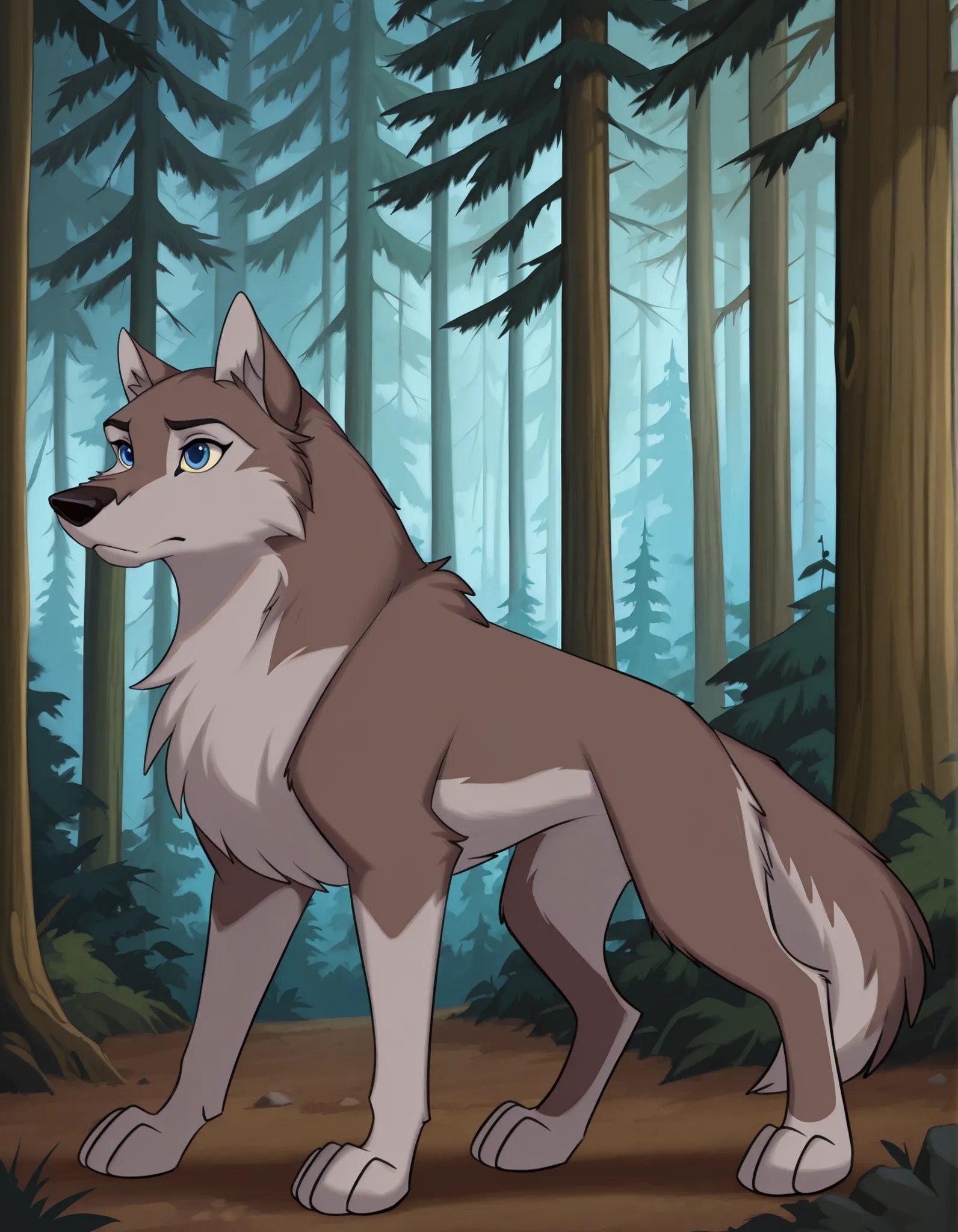 aleu, two tone fur, no humans, body fur, wolf, animal, solo, blue eyes, standing, full body, animal focus, side view, forest, detailed background