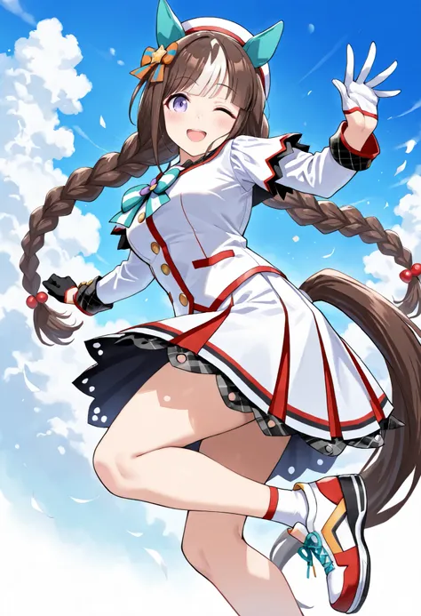 (masterpiece, best quality, perfect face:1.4), wide angle, hokko tarumae \(umamusume\), 1girl, horse ears, ear cover, swin braids, hat, horse tail, tail on the lower back, proportional body, proportional, beautiful hair, beautiful face, beautiful detailed ...