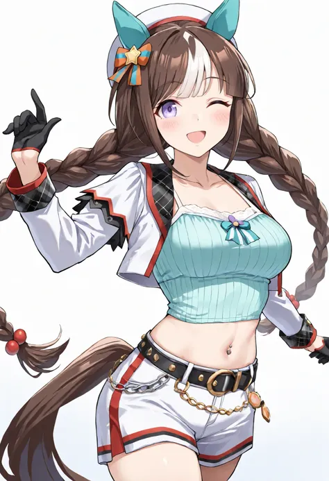 (masterpiece, best quality, perfect face:1.4), wide angle, hokko tarumae \(umamusume\), 1girl, horse ears, ear cover, swin braids, hat, horse tail, tail on the lower back, proportional body, proportional, beautiful hair, beautiful face, beautiful detailed ...