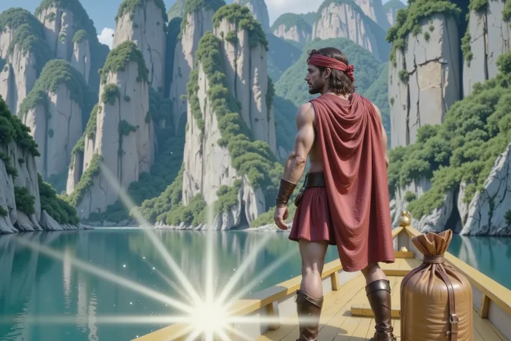 Hercules is aboard the glittering golden ship that was given to him by Helios. He wears a striking red cape and a turban of the same color wrapped around his head. At his feet is a leather bag. The ship sails across the vast blue sea, approaching a huge, e...
