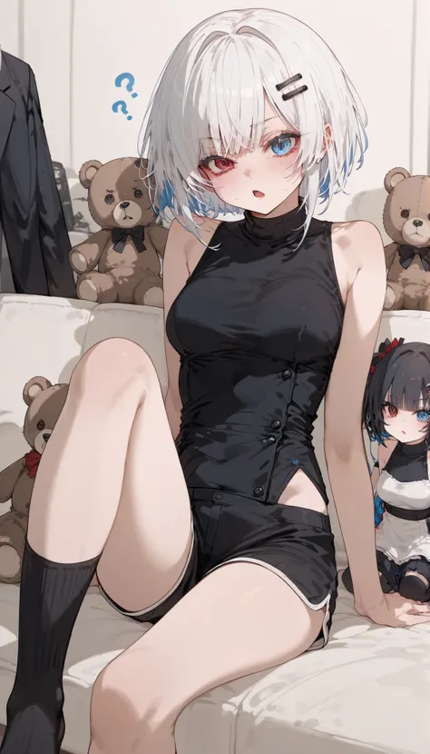 1 person,girl,white hair,Blue eye and red eye,medium breasts,Short hair,Bob hair,Fierce face,slim,Blue eyes and red eyes,cute,Black Turtleneck,Beautiful eyes,shy,Chopped,milf, tomboy , Blue eye,Black Hairpin,heterochromia,miniskirt,Black Long Socks,on the ...