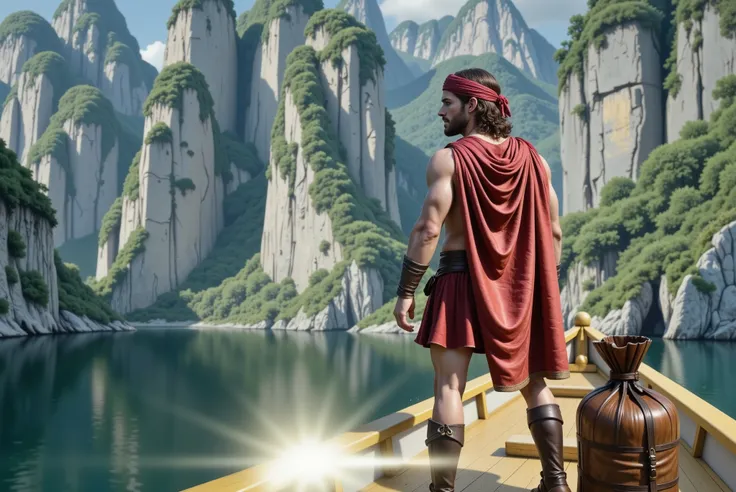 Hercules is aboard the glittering golden ship that was given to him by Helios. He wears a striking red cape and a turban of the same color wrapped around his head. At his feet is a leather bag. The ship sails across the vast blue sea, approaching a huge, e...