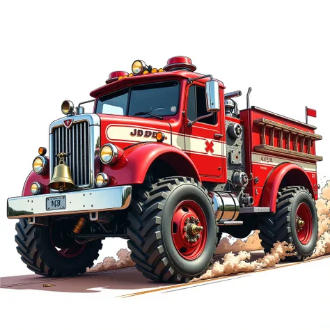 "A flat vector-style illustration of a large modern hot rod traditional red and white fire truck, racing at high speed. low angle view. The hot rod features exaggerated proportions with huge rear white wall tires and bold, curved exhaust pipes. Large side ...