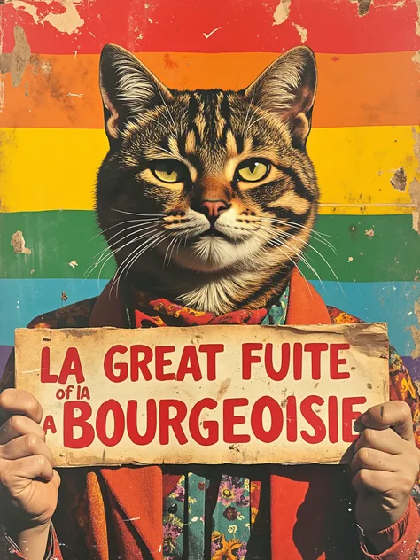 Proletarian queer with an angry smiling pussycat's head holding a lgbt like banner with the mention "LA GREAT FUITE of la BOURGEOISIE" written on this banner. In a cool, colorfull, red, orange, yellow, green, blue, violet. Original and funny revolutionary ...