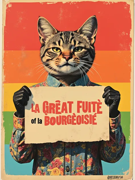 Proletarian queer with an angry smiling pussycat's head holding a lgbt like banner with the mention "LA GREAT FUITE of la BOURGEOISIE" written on this banner. In a cool, colorfull, red, orange, yellow, green, blue, violet. Original and funny revolutionary ...