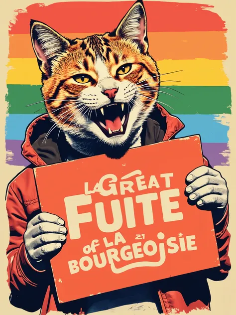 Proletarian queer with an angry smiling pussycat's head holding a lgbt like banner with the mention "LA GREAT FUITE of la BOURGEOISIE" written on this banner. In a cool, colorfull, red, orange, yellow, green, blue, violet. Original and funny revolutionary ...