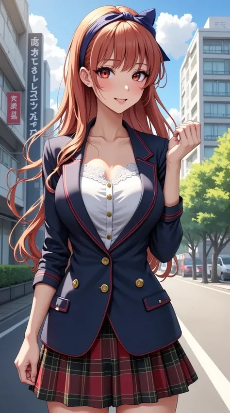  (Masterpiece,  computer, mejor quality,  Clear focus, shadow, anime style, Resolución ultra alta, 8K, perfect anatomy, perfect face, (detailed face), (  Detailed eye  ), score_9, score_8_above, score_7_above, score_6_above, score_5_above, score_4_above,  source _animated, Label 1, Label2, quality_Masterpiece, Anatomically correct, beautiful face, perfect face, Beautiful and highly detailed face and eyes, Attractive face, detailed face, delicate facial features, detailed skin, huge breasts, breast size cup D or DD, wide hips, gigantic butt, muslos gruesos. anime-style illustration of a beautiful woman with an elegant and sensual look with long hair, smooth and orange-red in color, with bright reflections, who falls on his shoulders and back. Her hair is adorned with a blue ribbon tied as a headband, with a visible ribbon on the top of her head. She has large, expressive eyes, bright red, and her expression is cheerful and confident, with slightly flushed cheeks and a friendly smile. She wears a classic-style Japanese school uniform: a navy blue jacket with red trim, gold buttons and flap pockets, partially opened to reveal a white blouse with lace details on the neckline. The blouse has gold buttons and highlights her prominent bust. She wears a short plaid skirt in shades of red,  brown and dark green . The scene takes place in a Japanese urban street during the day, with modern buildings and signs with kanjis in the background, green trees, clear blue sky.
