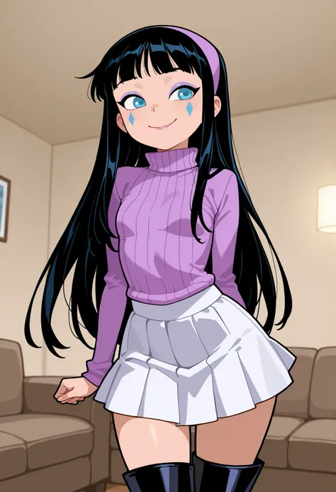 Trixie Tang, tall, slender, small breasts, huge hips, long straight black hair, blue eyes, lavender makeup, Arrows on the eyes, pink lips.| score_9,score_8_up,score_7_up,score_6_up,blurry,blurry background,source_cartoon,1girl,solo,hairband,white skirt,mak...