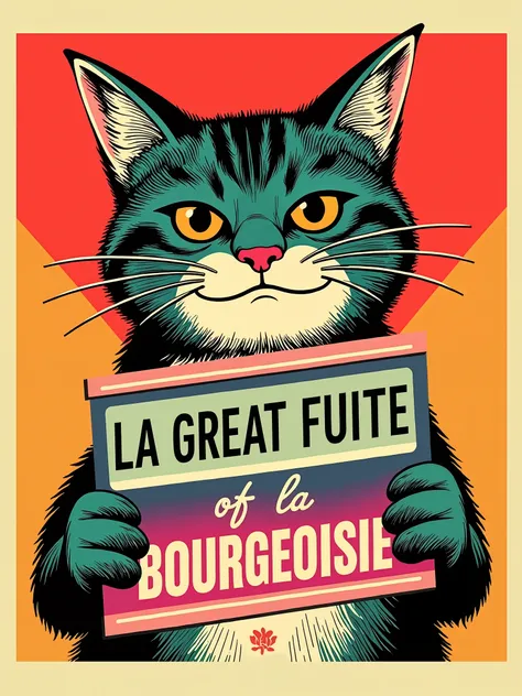 Proletarian queer with an angry smiling pussycat's head holding a lgbt like banner with the mention "LA GREAT FUITE of la BOURGEOISIE" written on this banner. In a cool, colorfull, red, orange, yellow, green, blue, violet. Original and funny revolutionary ...