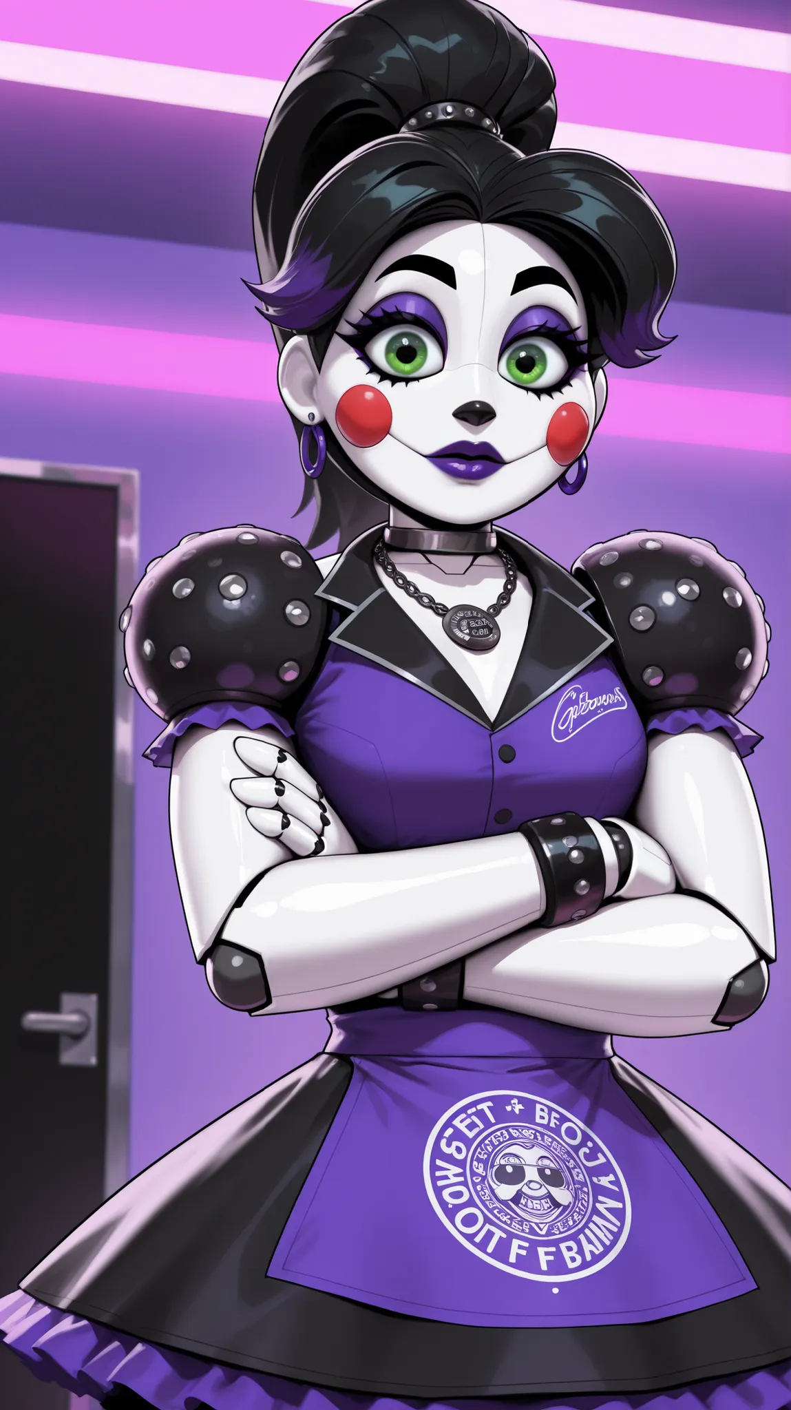 1 girl, pixar style, stop motion character, looking at the viewer, front view, very beautiful, perfect, black dress, beautiful woman, gorgeous woman, very pretty, seen from below, in profile looks down, a beautiful porcelain robot girl, big eyes with big black eyeliner and big eyelashes, wears slightly understated purple lipstick, black hair with purple earrings and a ponytail hairstyle, purple dress with purple stars, amazing shape, robotic necklace around her neck, black bracelet, purple frilled skirt, green eyes, hair with violet gradient at the tips, dress with black studded shoulder pads, black nose, black makeup, gothic, beautiful robot woman, purple eyeliner, big eyebrows, slim face, black elbow-length gloves, perfect hands, nice body, good anatomy, slightly in profile, beautiful picture, flat colors, black shoulder pads, in a retro synthwave restaurant, gothic black skirt, robotic hands, robotic joints, studded shoulders, studded bracelets, studded hair clip, details silver, silver trim, strong, wide robotic body, crossed arms, black cheeks, adult robot, black waitress shirt, upper body, broad shoulders, wide hips