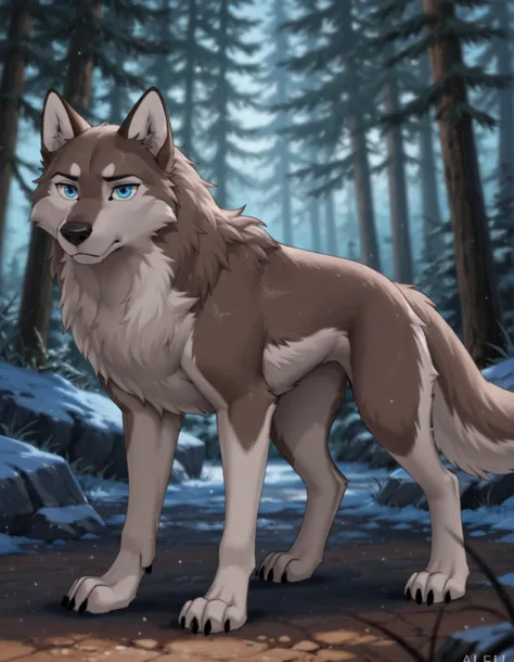 aleu, two tone fur, no humans, body fur, wolf, animal, solo, blue eyes, standing, full body, animal focus