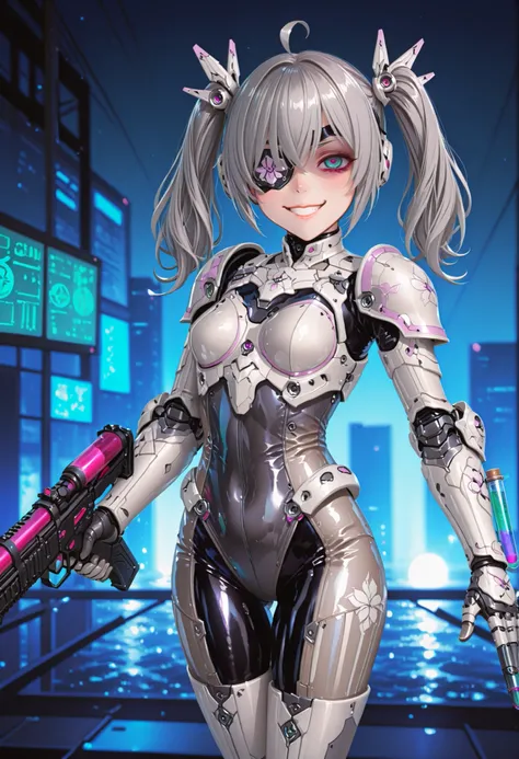 Cyber-style girl. Grey hair. Twin tails. Ahoge. Eyepatch over one eye. Yandere eyes. Grin. Latex bodysuit. Mechanical gauntlet. Light armor. Carries a gun. A rifle with a test tube. A water gun style rifle. A tube that connects to a gun. Poison mist.