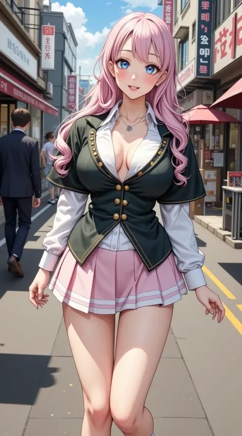  (Masterpiece,  computer, mejor quality,  Clear focus, shadow, anime style, Resolución ultra alta, 8K, perfect anatomy, perfect face, (detailed face), (  Detailed eye  ), score_9, score_8_above, score_7_above, score_6_above, score_5_above, score_4_above,  source _animated, Label 1, Label2, quality_Masterpiece, Anatomically correct, beautiful face, perfect face, Beautiful and highly detailed face and eyes, Attractive face, detailed face, delicate facial features, detailed skin, huge breasts, breast size cup D or DD, wide hips, gigantic butt, muslos gruesos. Anime-style illustration of a beautiful woman with an elegant and sensual voluptuous look, in an attractive and flirty style, walking down a Japanese urban street during the day. She has long hair, wavy and pale pink , with a sweet and shy expression. His eyes are big,  bright blue , with blushed cheeks and a slight smile. aesthetics She wears a striking outfit: a tight dark green corset with gold details, combined with a white blouse with a large neckline and black sleeves with white cuffs adorned with gold buttons. Your skirt is short, pastel pink , with white ruffles on the edge, and wears white socks. In the background is appreciate a typical Japanese shopping street with tall buildings, posters in Korean and Japanese. The artistic style is realistic anime, with great detail in the textures of the hair, skin and clothing. The lighting is natural, con shadows suaves y cielo despejado.