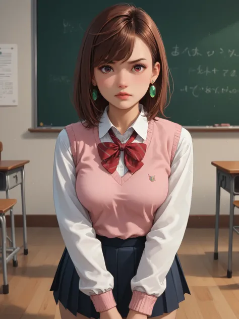 ayase_wz, medium hair, brown hair, brown eyes, medium breasts, posing embarrassed, green earrings, red face, medium breasts, detailed background, indoor, school, skirt, school uniform, pleated skirt, shoes, socks, loafers, sweater vest, pink sweater, shirt...