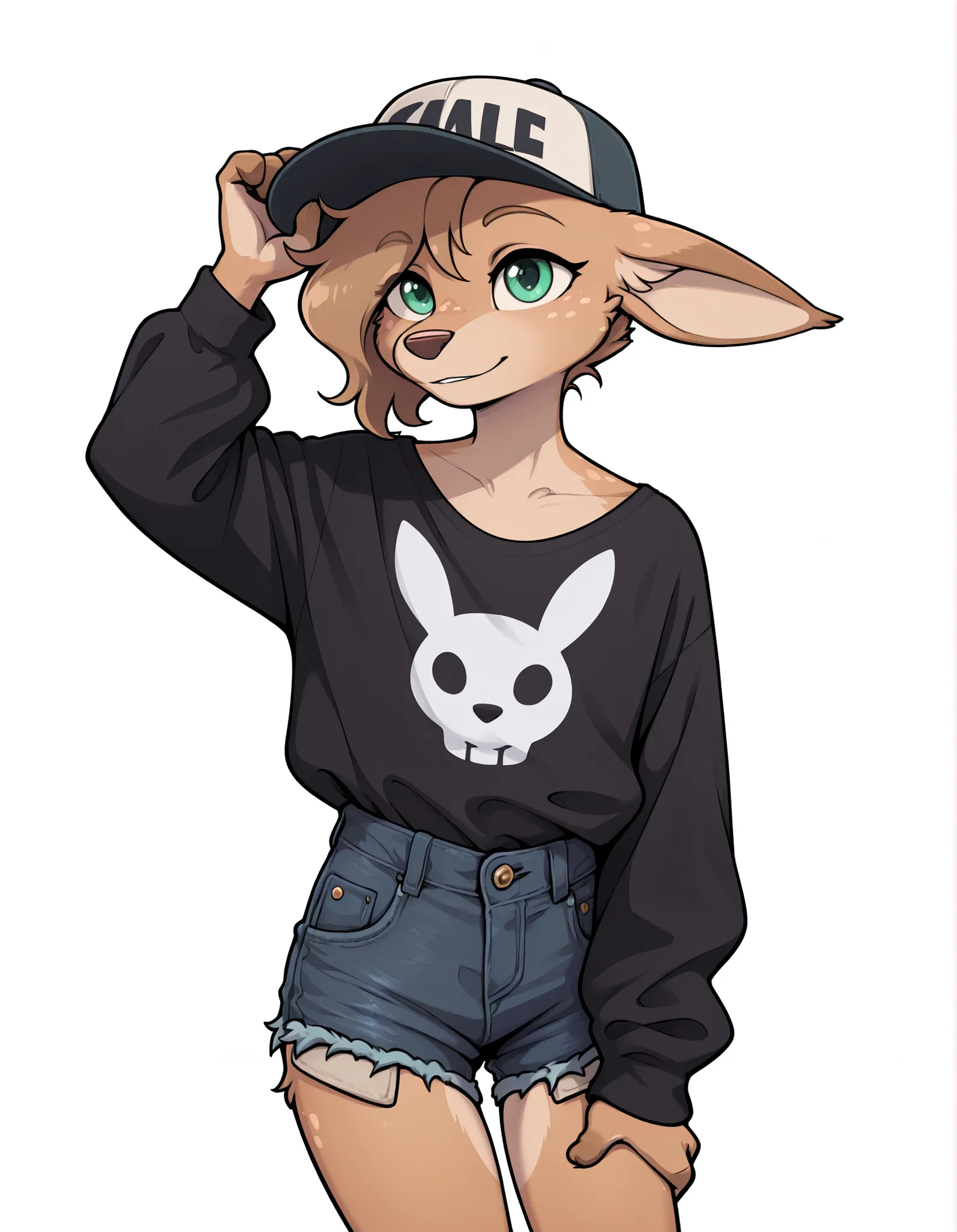 cobaltlotte, black shirt, long sleeves, short shorts, denim shorts, baseball cap,