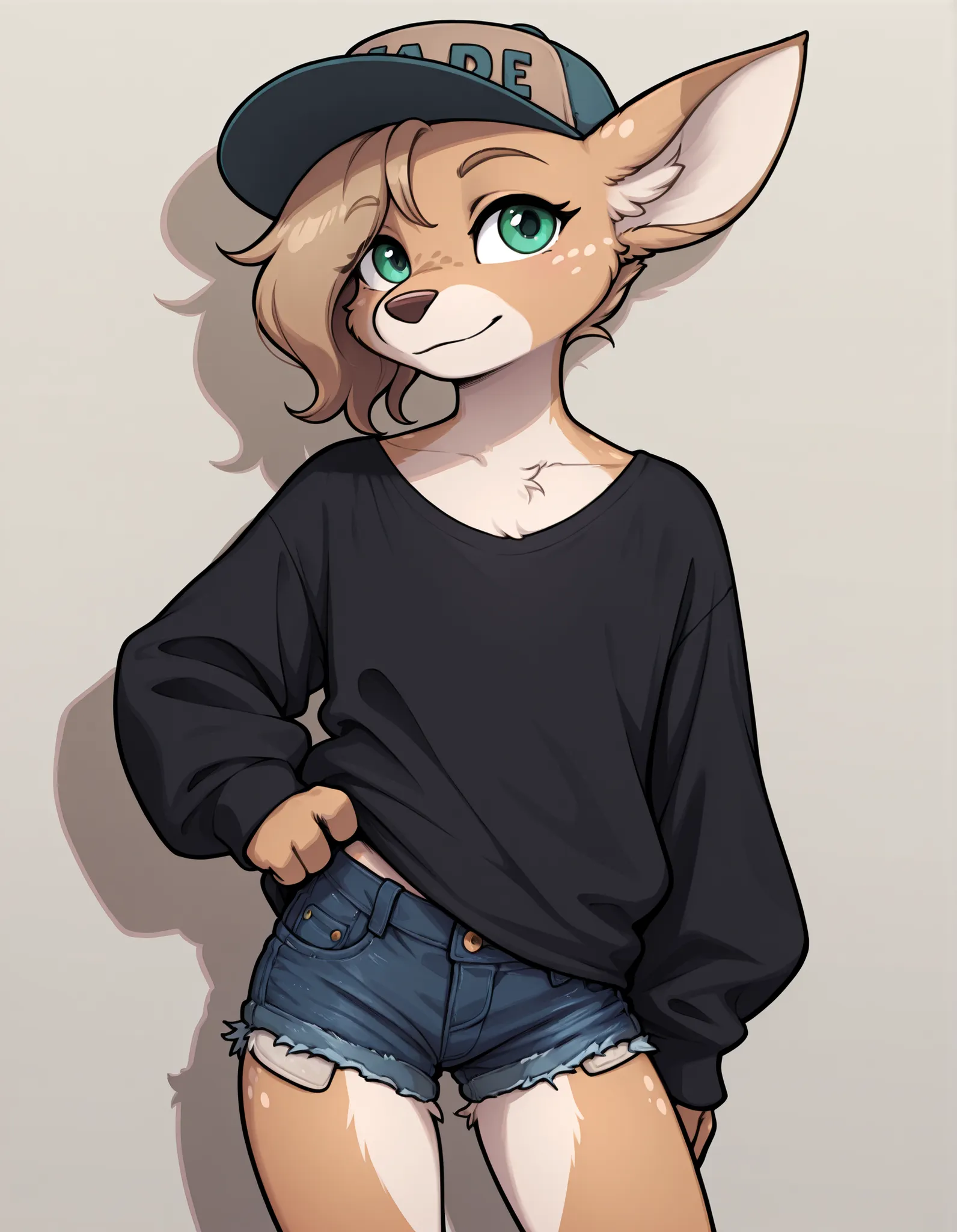cobaltlotte, black shirt, long sleeves, short shorts, denim shorts, baseball cap,