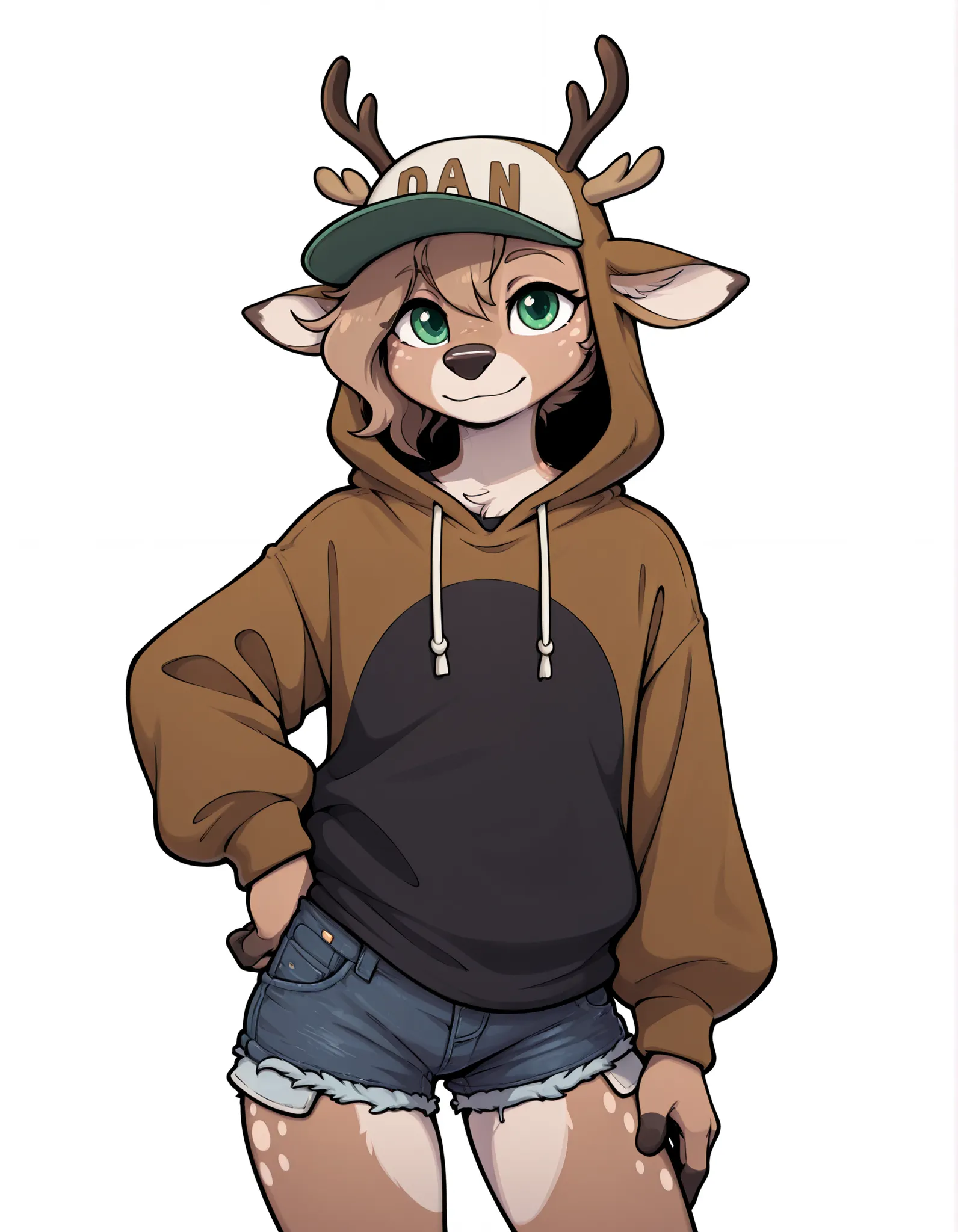 cobaltlotte, black shirt, long sleeves, short shorts, denim shorts, baseball cap, animal costume, reindeer costume, deer ears, antlers, furry,