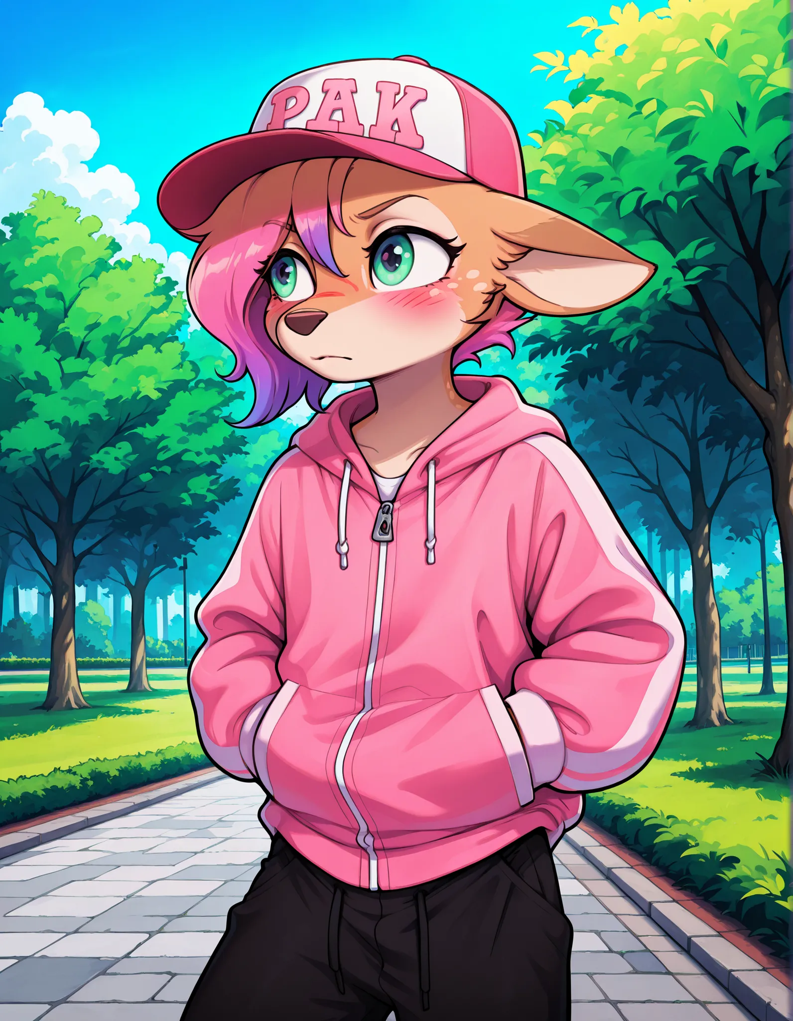 "cobaltlotte, solo, 1girl, blush, serious, young, short hair","pink jacket, black pants, baseball cap, hands in pants pockets, looking away, portrait, park, outdoors, colorful, beautiful shot,","masterpiece, best quality, amazing quality, very aesthetic, a...