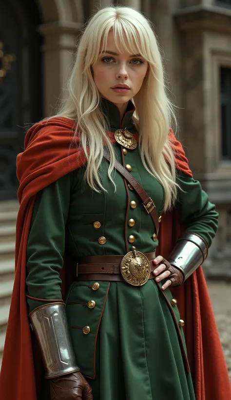 A young woman with platinum blonde long hair and choppy bangs, crescent eyebrows, sharp eyes, a delicate oval face with a serious expression. She is wearing a fantasy-style green military uniform with a matching skirt, a crimson waist-length cloak, and lea...