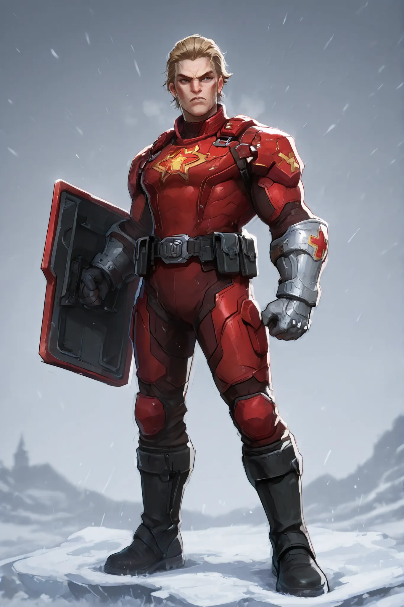 Red Guardian Marvel Rivals character design, unmasked aged bearded Russian super soldier with rugged face and long slicked-back hair, wearing red armored bodysuit with white star chest emblem, silver gauntlets and boots, tactical utility belt, holding a re...