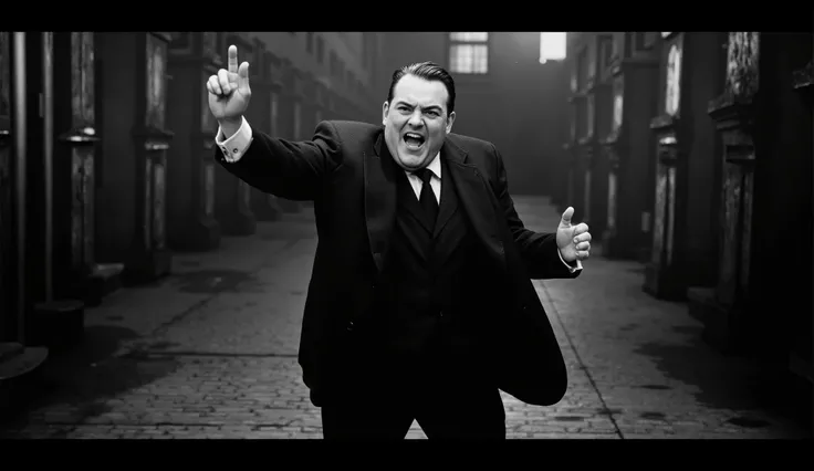 "a 1940s gangster scene, In black and white ultra-realistic it is day , anos 40, estilo noir. SLIGHTLY OVERWEIGHT MAN WITH STRAIGHT BLACK HAIR MOVING AS IF SINGING"