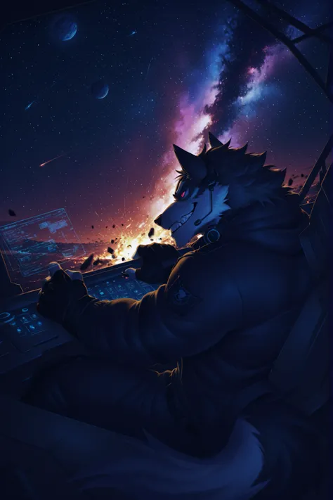 sfw,masterpiece,UHD,solo,anthro,furry,furry male, score_9, score_8_up, score_7_up, rating_safe, source_furry, detailed, science fiction,high_tech,game cg,
furry male,wolf boy,(bara:1.2),(muscular:1.2),mature male,paw_pads,furry,
tail,os-tan,cowboy shot,red...