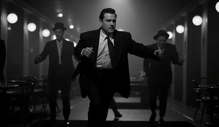 "a 1940s gangster scene, In black and white ultra-realistic it is day , anos 40, estilo noir. SLIGHTLY OVERWEIGHT MAN WITH STRAIGHT BLACK HAIR MOVING AS IF SINGING"