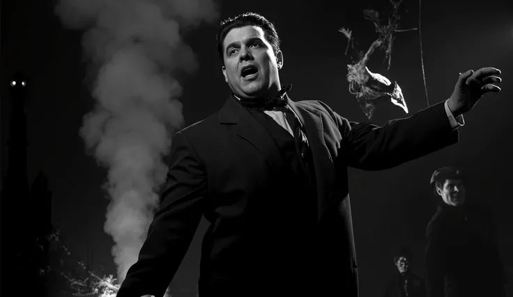 "a 1940s gangster scene, In black and white ultra-realistic it is day , anos 40, estilo noir. SLIGHTLY OVERWEIGHT MAN WITH STRAIGHT BLACK HAIR MOVING AS IF SINGING"