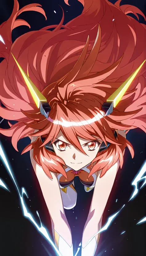 (1girls solo),symphogear, Amou Kanade, red hair,hair between eyes, light smile, Black background,colorful, lively, Shining Contours ,neon,colorful、Official Art、,viewer, masterpiece, Very Aesthetic、battle pose、Light powder、neon Hair、Swinging Hair、chest sway...