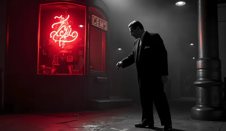 "a 1940s gangster scene, In black and white ultra-realistic it is day , anos 40, estilo noir. SLIGHTLY OVERWEIGHT MAN WITH STRAIGHT BLACK HAIR MOVING AS IF SINGING, Lighting comes through the illuminated window of a red neon sign, sneakers creating a drama...
